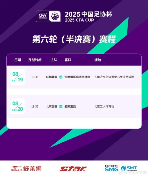 足协杯准总决赛    ：蓉城vs河南8月19日19:35，国安vs玉昆20日19:35