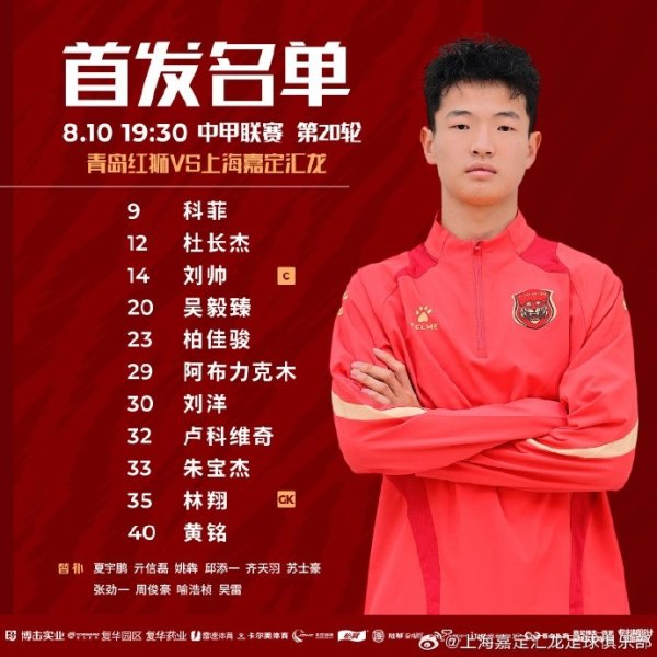 上海嘉定汇龙VS青岛红狮杆位阵形    ！吴毅臻杆位，吴雷后备   ​​​